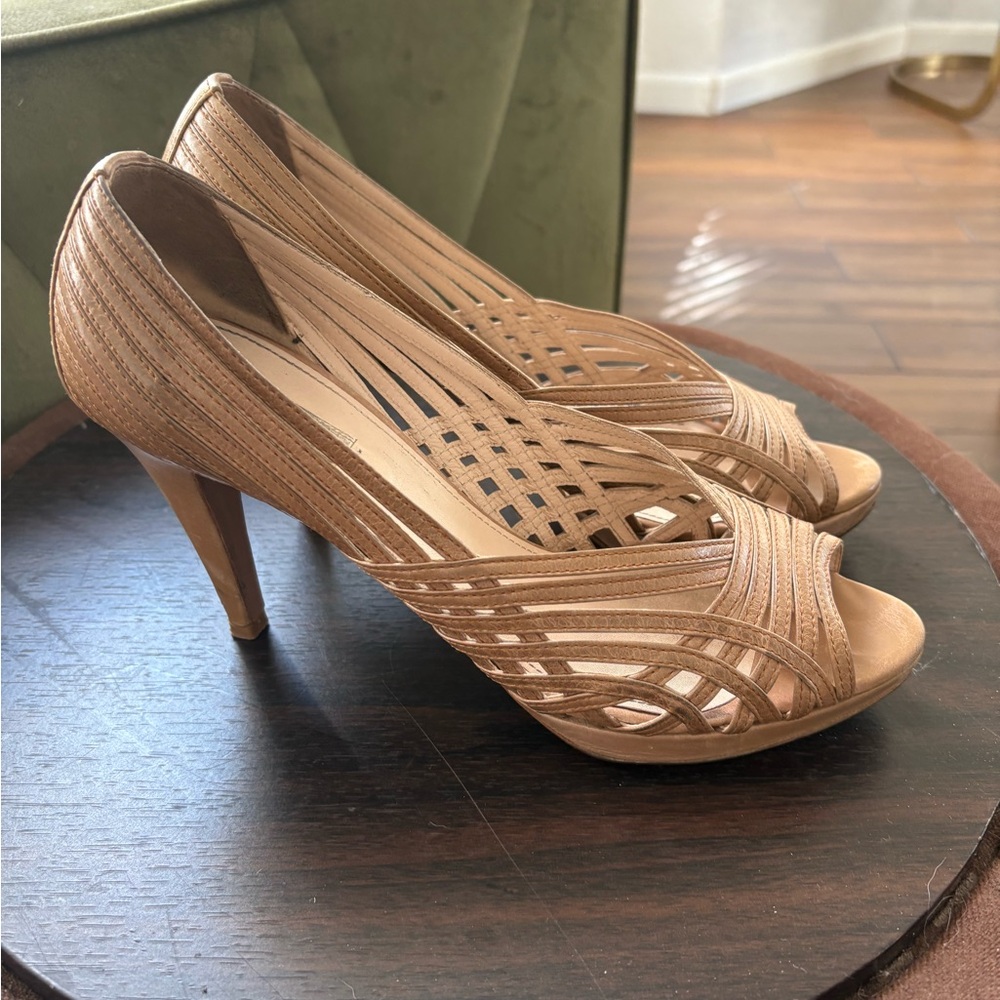 Prada Beige Leather Strappy Open Toe Platform Pumps Size 39.5